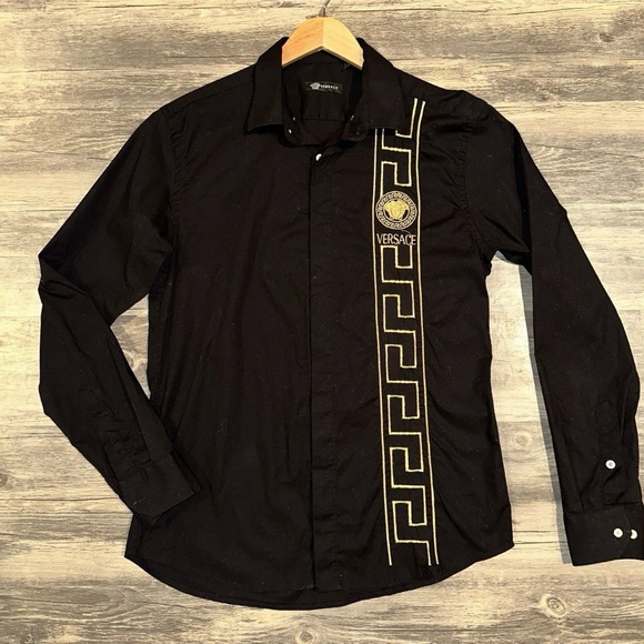 Versace Men’s Black Button-Down Shirt Gold Medusa Greek Key Logo Size XL Luxury - Picture 2 of 11